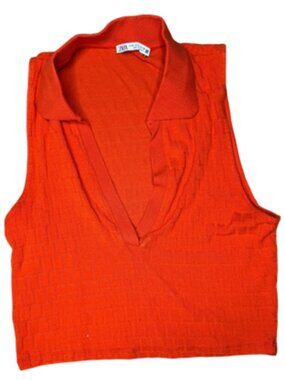 Zara Orange Cropped Textured Collared V-neck Top
